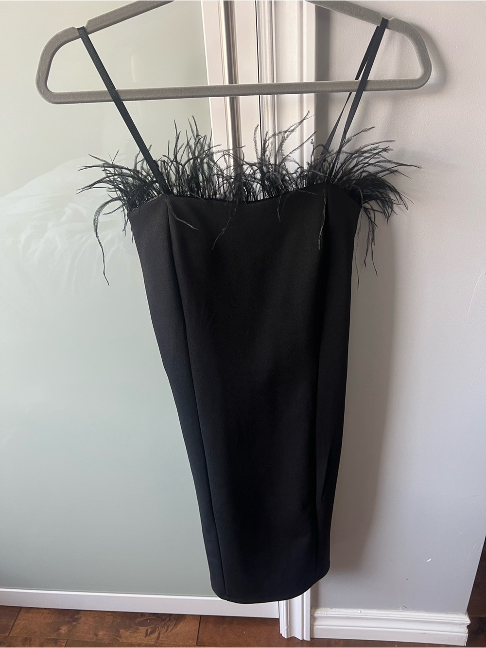 Black Feather-Trim Slip Dress